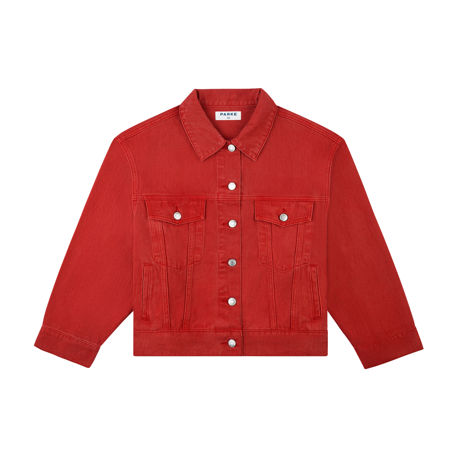 vintage wash girl wearing oversized denim jacket -washed red 