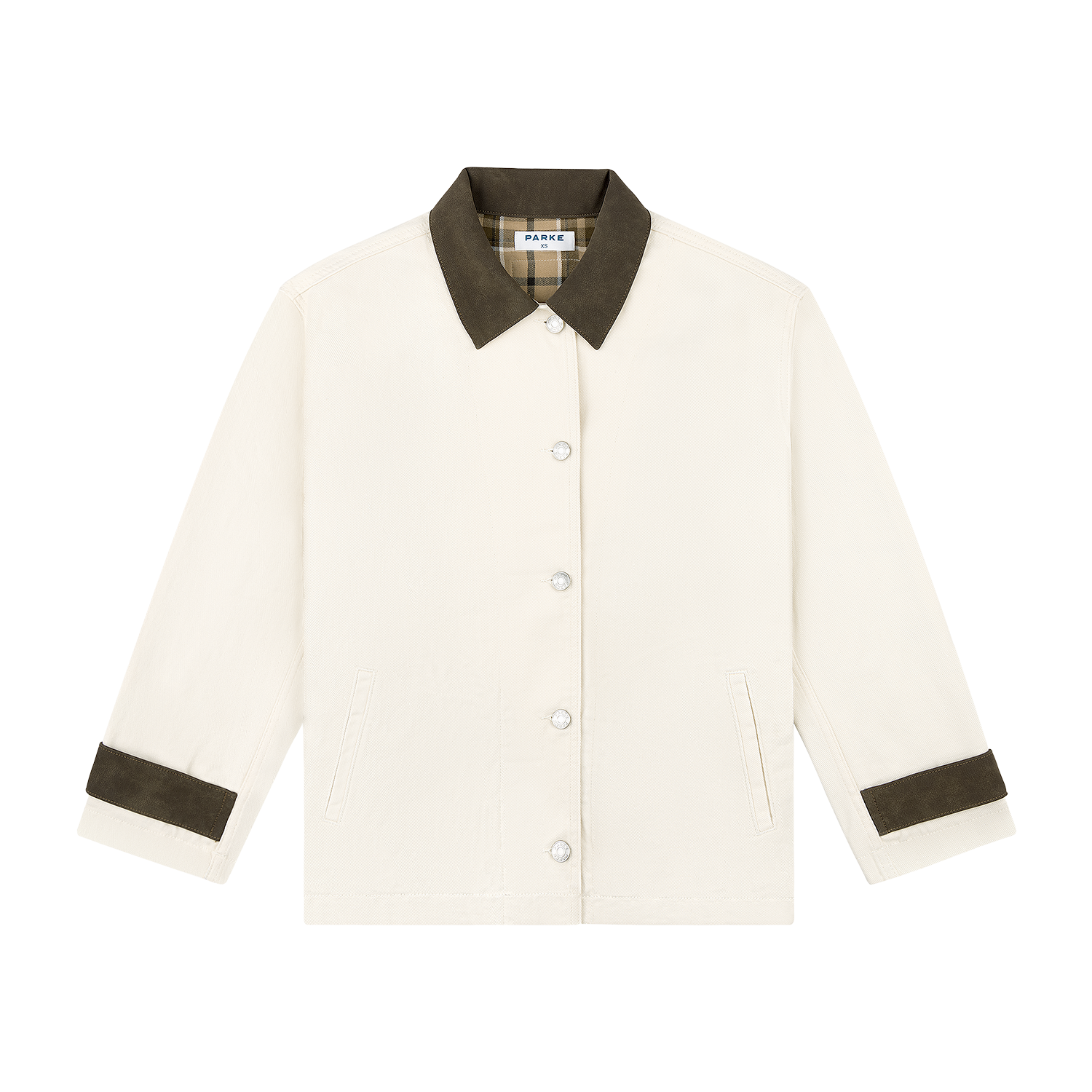 denim barn jacket -cream + brown suede collar